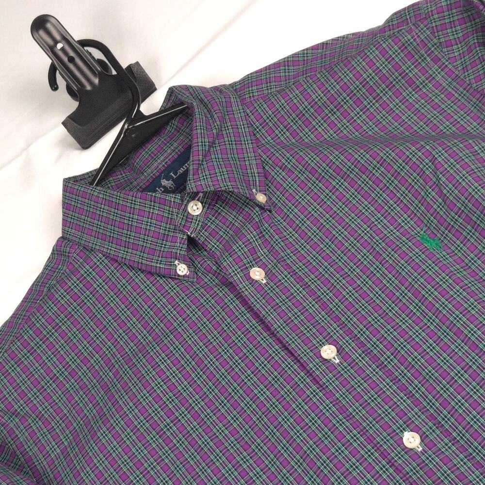Ralph Lauren Mens Large Plaid Button Down Shirt Purple Green Cotton Pony Fit